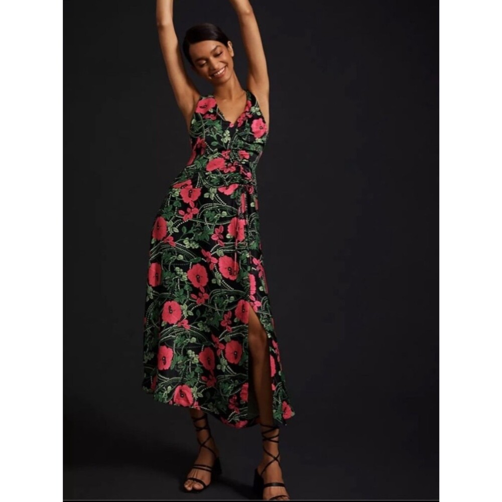 Anthropologie Maeve Ruched Midi Dress Bright Pink Flowers on Black Size 6